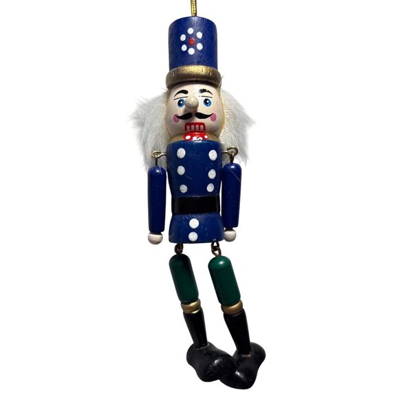 Vintage Wooden Nutcracker Soldier Ornament With White Hair & Blue Uniform 6" - Picture 1 of 6